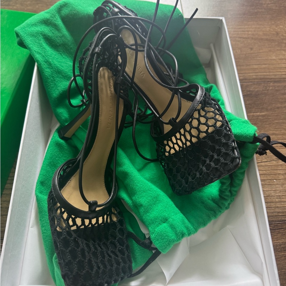 Bottega Veneta Black Mesh Lace-Up Square Toe Heels